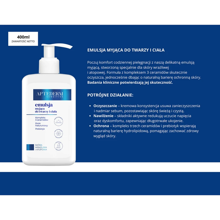 Aptederm Sensitive, Reinigungsemulsion für Gesicht und Körper, empfindliche und atopische Haut, 400 ml