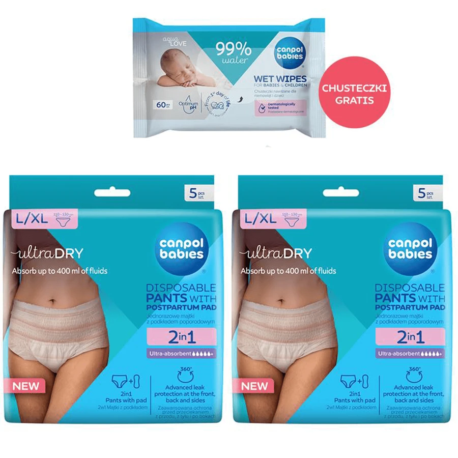 Canpol Babies Set, 2-in-1 atmungsaktives Schwangerschaftshöschen, mit Einlage, Einweg, Größe L/XL, 2 x 5 Stück + Feuchttücher, 60 Stück gratis