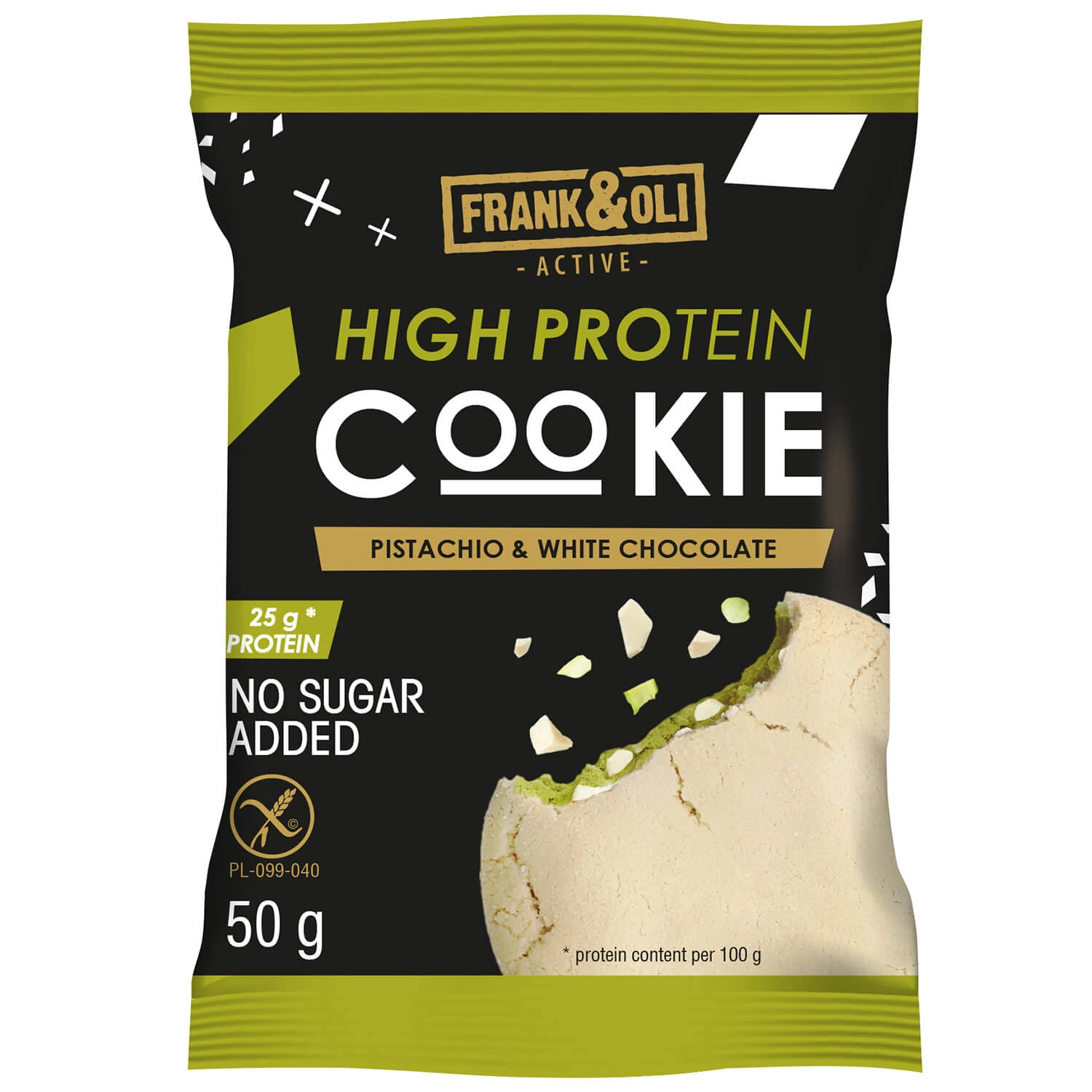 Frank&Oli High Protein, weicher Protein-Keks, Pistazie und weiße Schokolade, 50 g