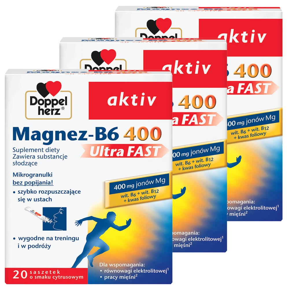 Doppelherz aktiv Magnesium-B6 400 UltraFast Set, Citrus-Geschmack, 3 x 20 Portionsbeutel