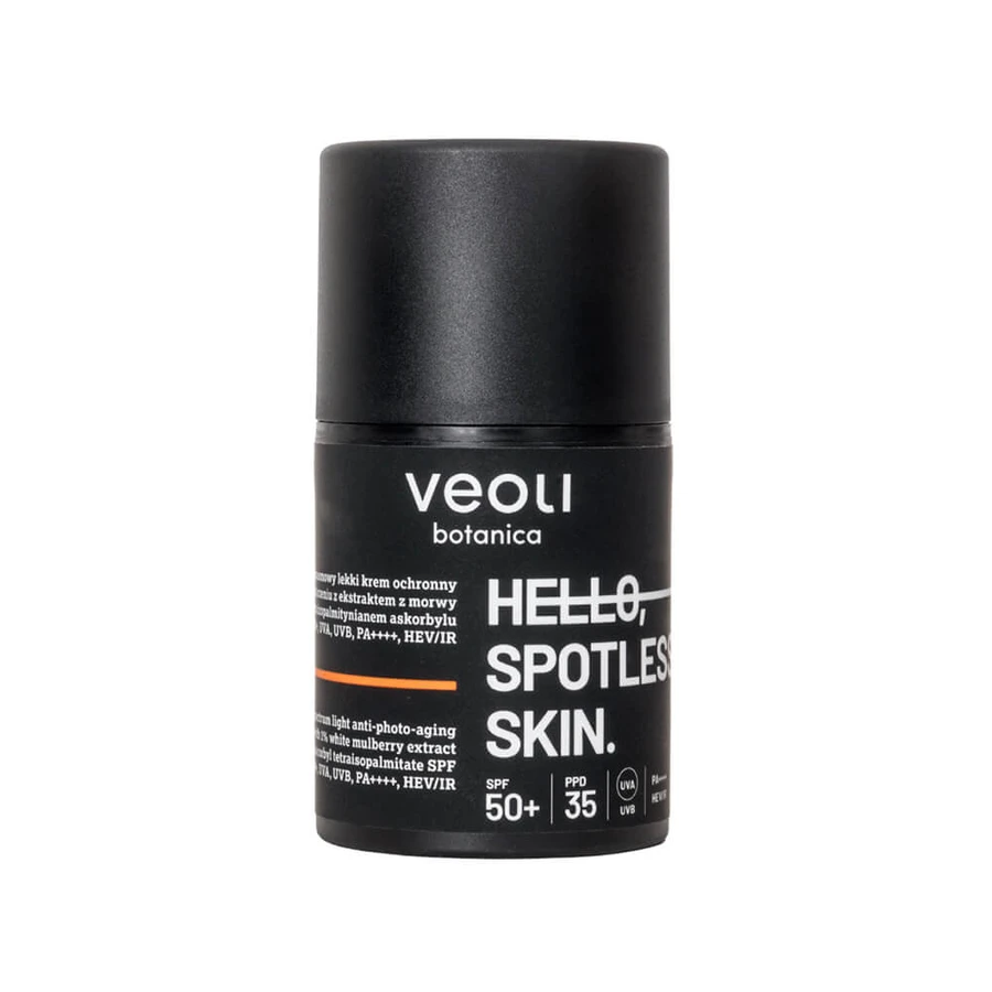 Veoli Botanica Hello, Spotless Skin, crema fotoprotettiva ad ampio spettro contro il fotoinvecchiamento, per pelli con iperpigmentazione, SPF 50+, 50 ml