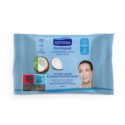 SEPTONA Dermasoft Cleansing Feuchttücher mit Kokoswasser für Gesicht und Augen, 20 Stk