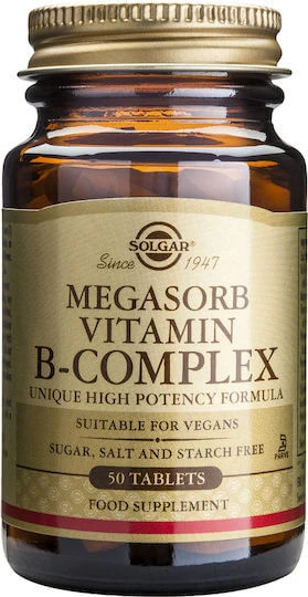 Solgar Megasorb Vitamin B-Komplex Vitamin für Energie, Immun- und Nervensystem Stärkung 50 Tabletten