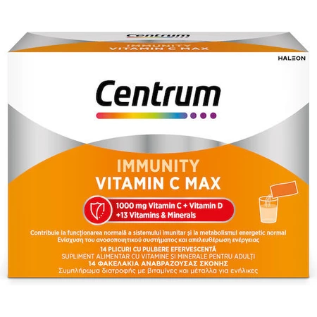Centrum Immunity Vitamin C Max Vitamina Effervescent Powder pentru Energie, Întărirea Sistemului Imunitar & Pielea 1000mg 14 pliculețe