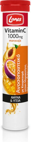 Lanes Vitamin C Eff Vitamin zur Stärkung des Immunsystems, Haut & Antioxidantien Wirkung 1000mg Passionsfrucht 20 Tabs eff