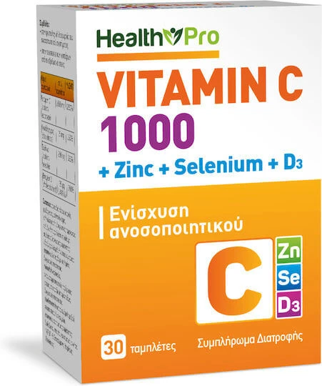 Health Pro Vitamin C 1000 & Zink & Selen & Vitamin D3 zur Stärkung des Immunsystems, der Haut & Antioxidantien 30 Tabletten