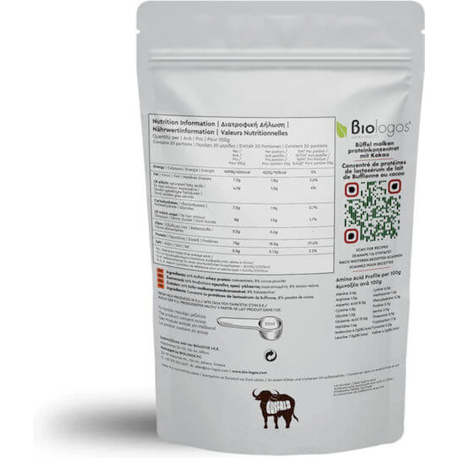 Viologos Buffalo Whey Protein 75% Proteine del siero del latte biologiche con aroma di cacao 500gr