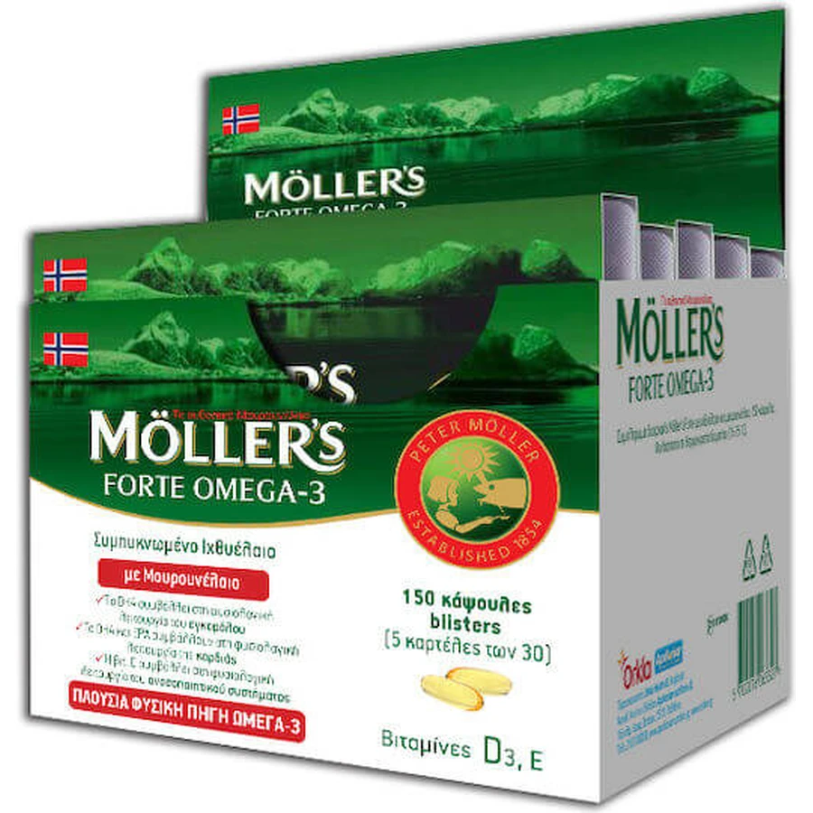 Moller's Forte Omega 3 Cod liver and fish oil Suitable for children 150 caps Unflavoured