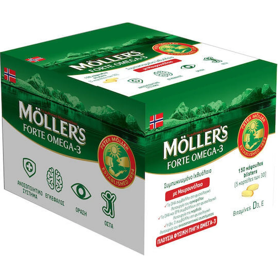Moller's Forte Omega 3 Cod liver and fish oil Suitable for children 150 caps Unflavoured