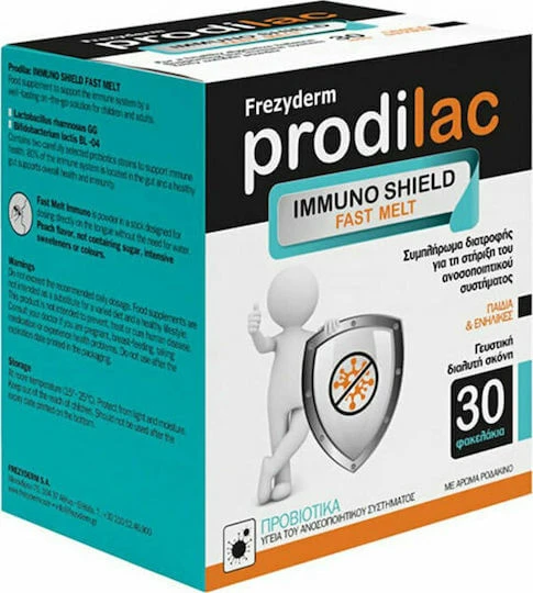 Frezyderm Prodilac Prodilac Immuno Shield Schnellschmelzende Probiotika für Erwachsene und Kinder 30 Beutel Pfirsich