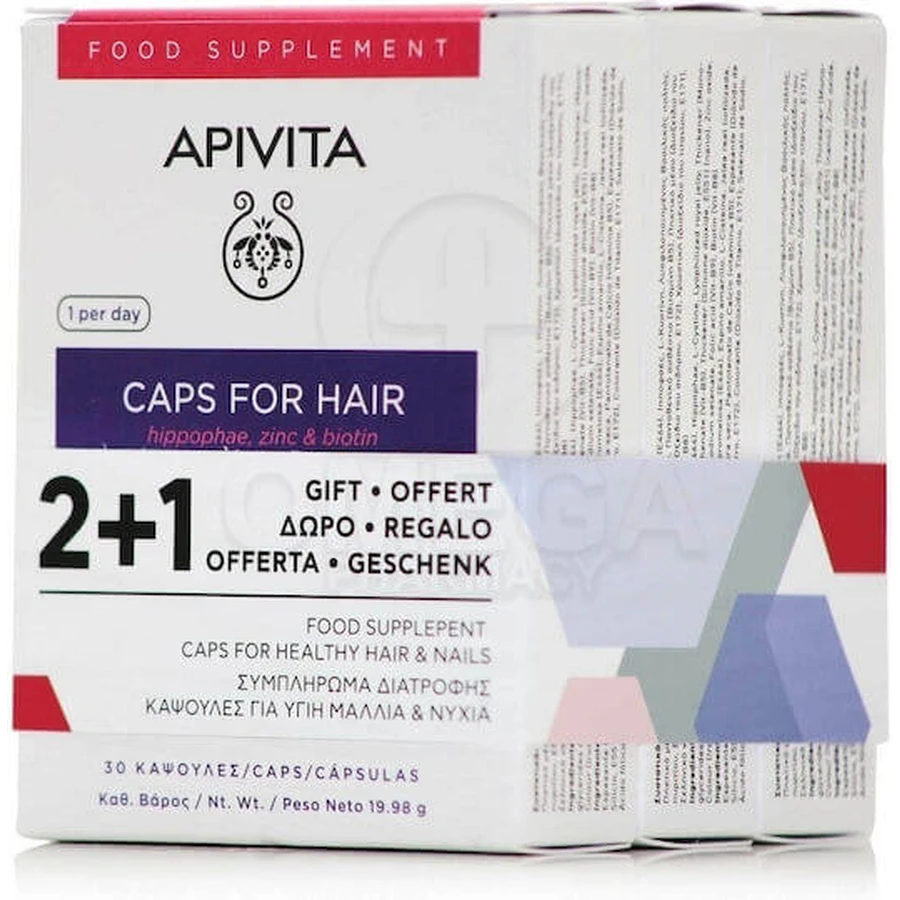 Apivita Caps für Haare Hippophae, Zink & Biotin Nahrungsergänzungsmittel Spezial 3 x 10 Kapseln