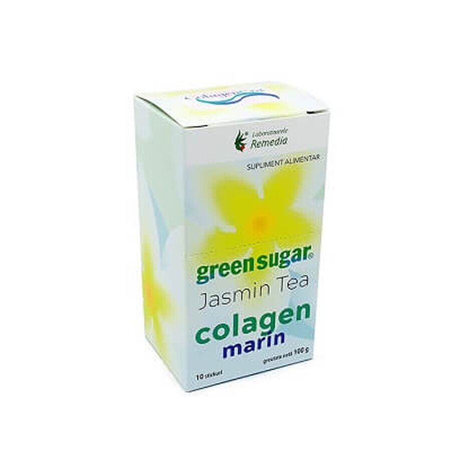 Ceai de iasomie instant cu Green Sugar și colagen marin, 10 stickuri, Remedia