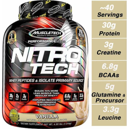 MuscleTech Nitrotech Whey Protein Proteină Din Zer cu Creatină & Aromă Cremă de vanilie 1.8kg