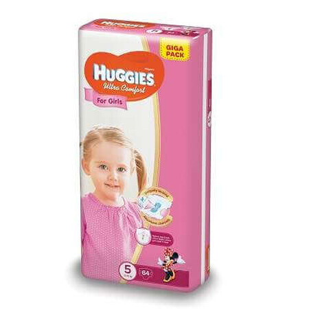 Scutece Ultra Confort, Girls, Giga nr 5, 12-22 kg, 64 bucăți, Huggies