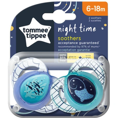 Tommee Tippee Time Night Silicone Orthodontische Fopspeen Groot - Blauw-Blauw Open voor 6-18 maanden 2st