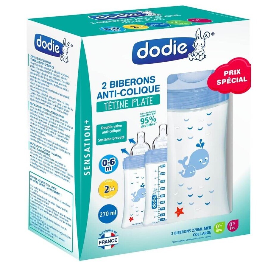 2er-Set Saugflaschen mit sensorischer Funktion und antikolikischem Flachsauger, Large, 2x270 ml, 0-6 Monate, Dodie