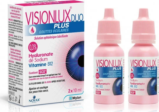 Novax Pharma Visionlux Duo Plus Hyaluronsäure Augentropfen für trockene Augen 2x10ml