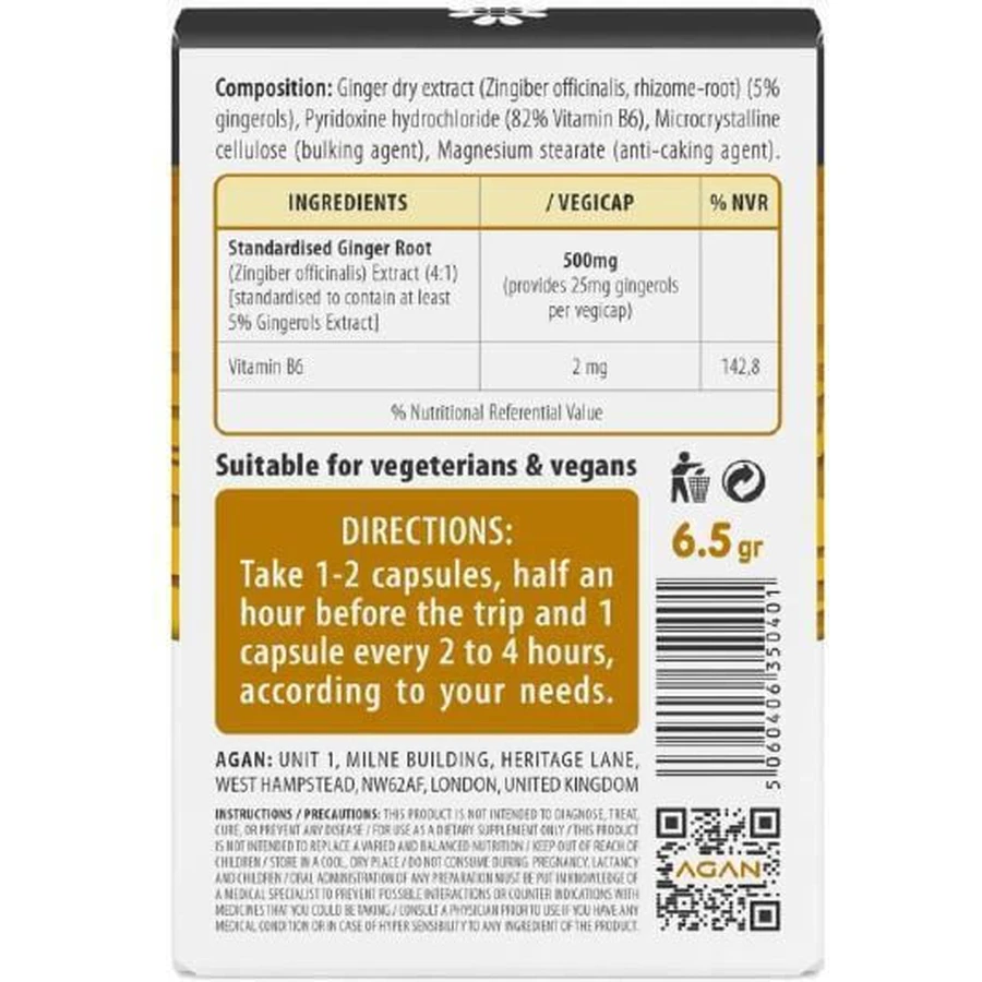 Agan Travel Motion Suchy ekstrakt z imbiru i witamina B6 na nudności 10 kapsułek ziołowych: ceny i cechy