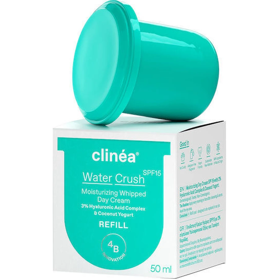 Clinea Water Crush Refill 48h nawilżający krem do twarzy na dzień z filtrem SPF15, kwasem hialuronowym i prebiotykami 50ml: ceny i cechy