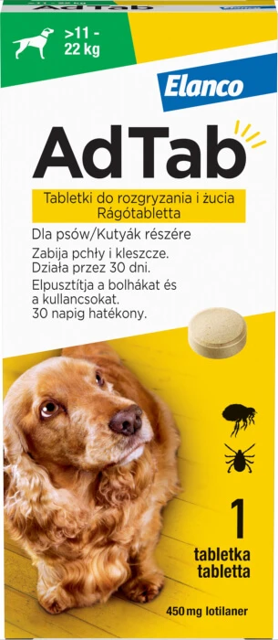 AdTab 450 mg Kautabletten für Hunde gegen Flöhe und Zecken (11-22 kg) - 1 Tablette
