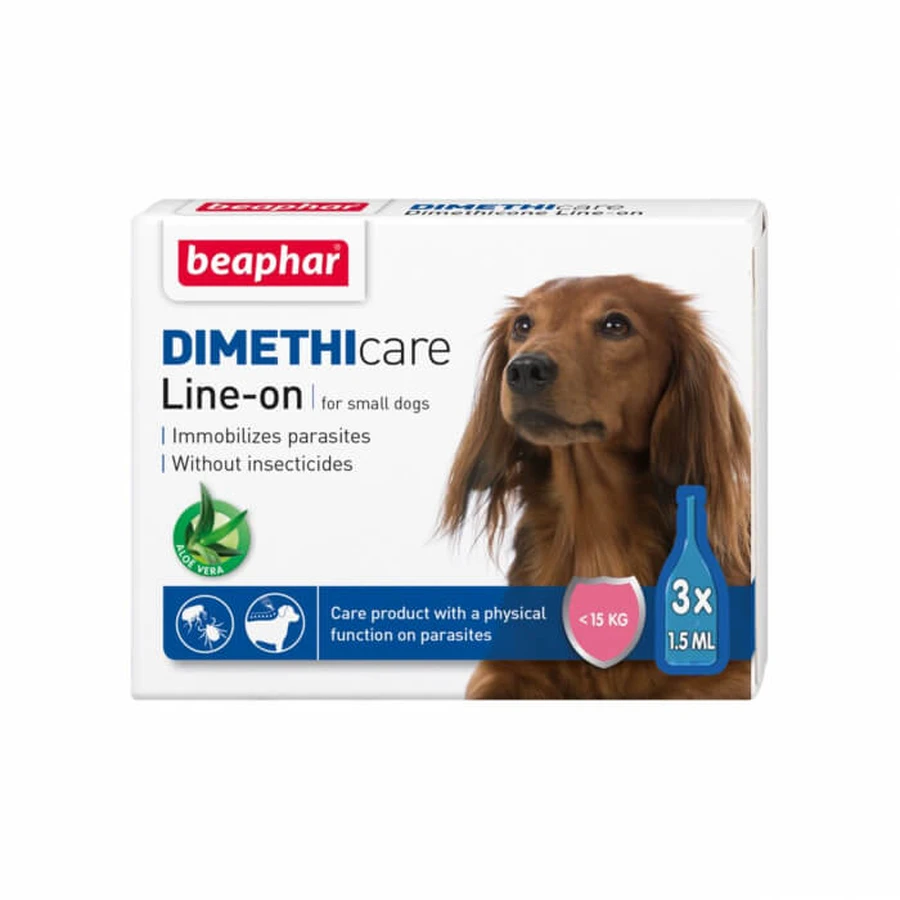 Pipeta antiparazitara DIMETHICARE LINE-ON pentru caini S BEAPHAR <15 kg, 3 pip x 1.5 ml