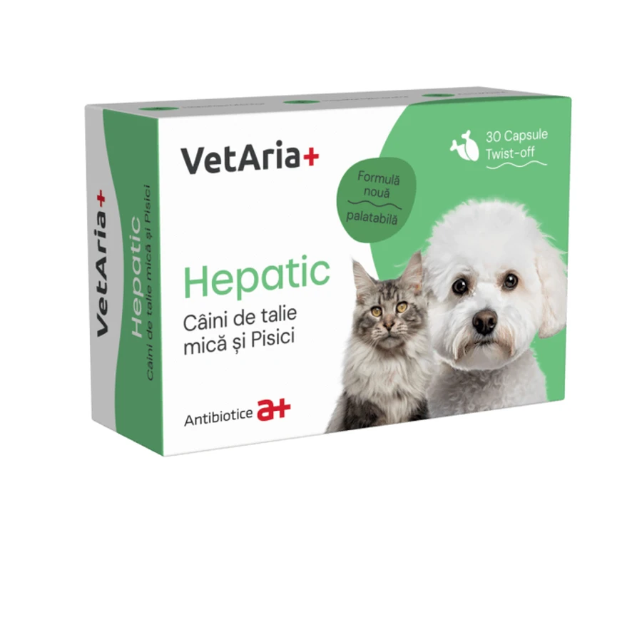 Supplément, VetAria+ Hepatic pour petits chiens et chats, 30 gélules Twist-Off