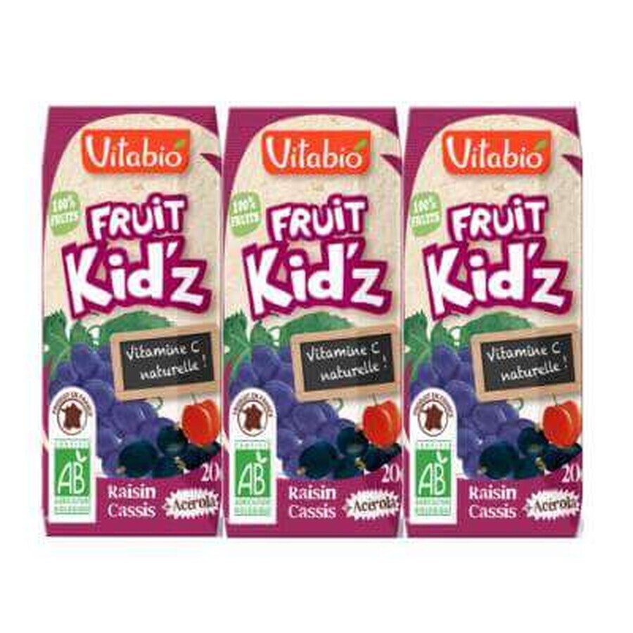 Suc Bio Organic de struguri, coacăze negre și acerola Fruit Kid’z, 3x200 ml, Vitabio