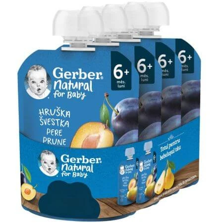 Packung Pflaumen- und Birnenpüree, 6 Monate+, 4 x 90 g, Gerber