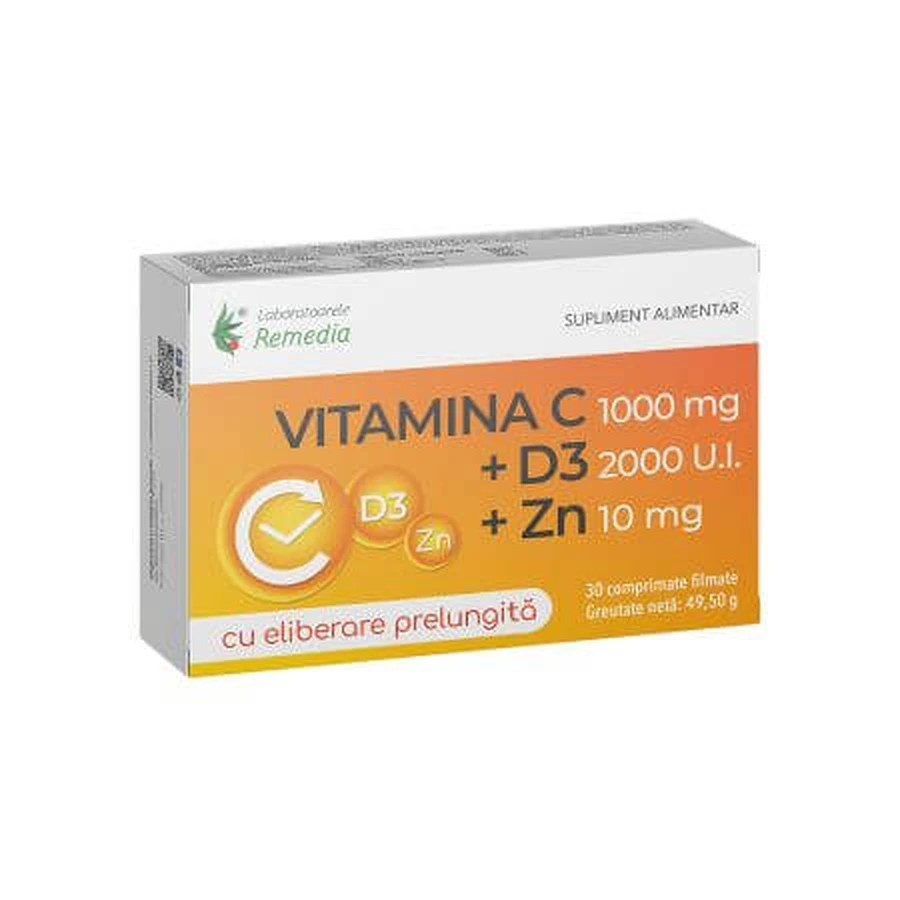 Vitamin C+D3+Zinc with prolonged release, 30 film-coated tablets, Laboratoarele Remedia
