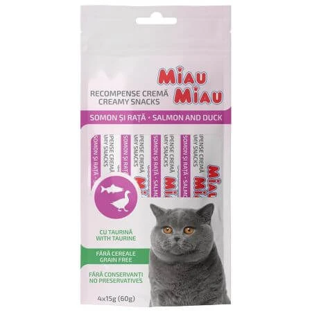 Lachs- und Entenleckerlis für Katzen Creamy Snacks, 4x15 g, Meow Meow