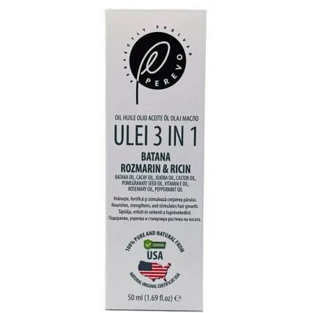 3 in 1 Öl mit Rizinus, Rizinus und Rosmarin für Kopfhaut und Haar, 50 ml, Perevo