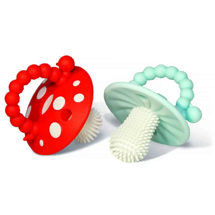 RaZbaby, dentition orthophonique, champignon, rouge et bleu, à partir de 3 mois, 2 pièces