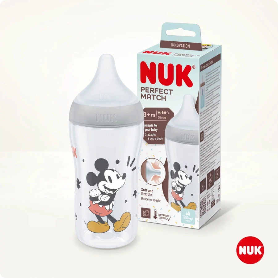 NUK Perfect Match, biberon anti-colic cu tetină din silicon, mărimea M, Mickey Mouse de la 3 luni, 260 ml