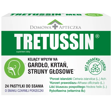 Tretussin, smak czarnej porzeczki, 24 pastylki do ssania: ceny i cechy