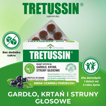 Tretussin, smak czarnej porzeczki, 24 pastylki do ssania: ceny i cechy