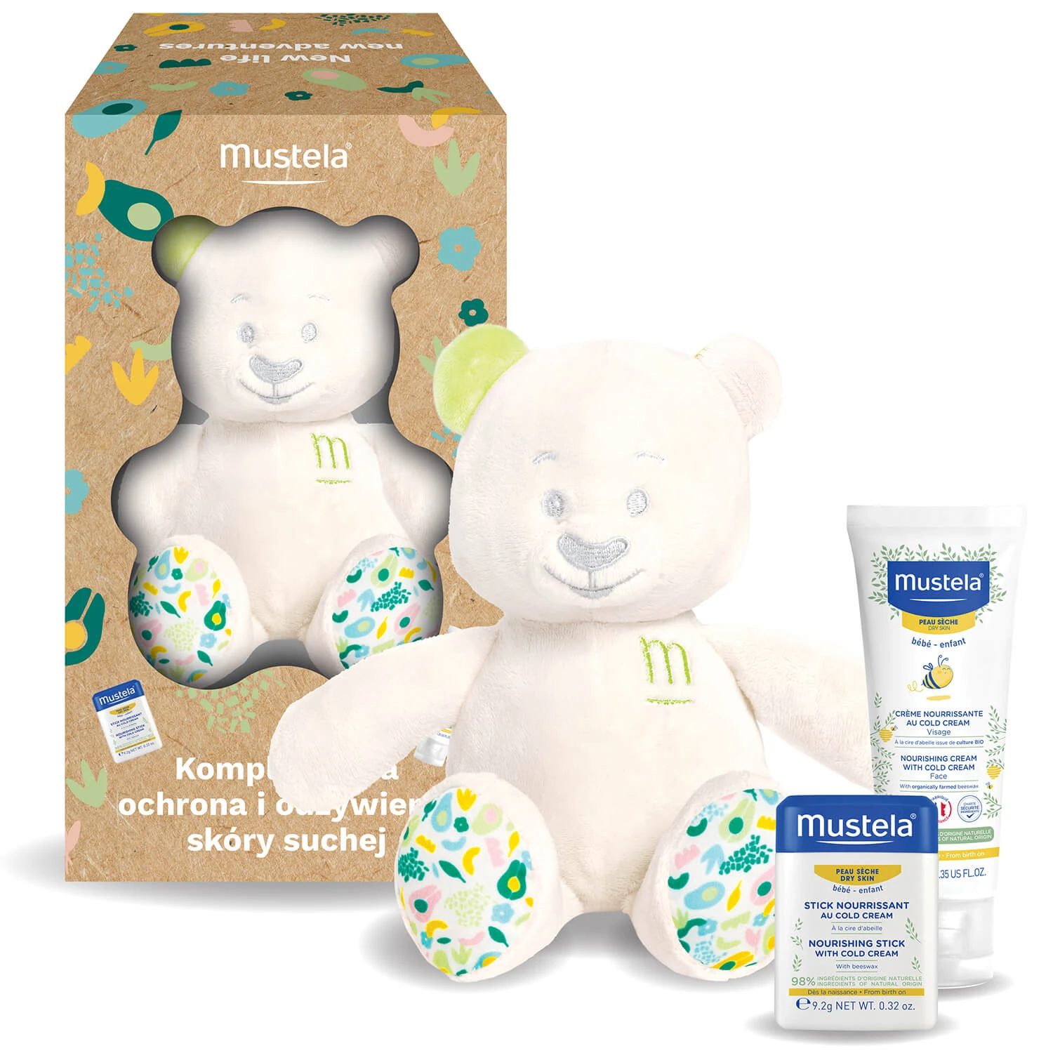 Mustela Complex Schutz und Pflege für trockene Haut Set, Creme, 40 ml + Stick, 9,2 g + Teddybär