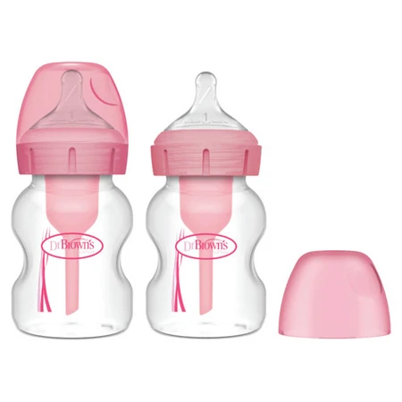 Dr Brown's Options+, biberon anti-colic cu gât larg, cu tetină, roz, 2 x 150 ml