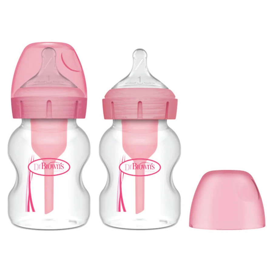Dr Brown's Options+, biberon anti-colic cu gât larg, cu tetină, roz, 2 x 150 ml