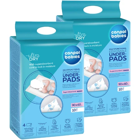 Set Canpol Babies, assorbenti igienici multifunzionali, monouso, con strisce adesive, 90 cm x 60 cm, 2 x 10 pezzi