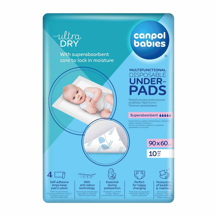 Set Canpol Babies, assorbenti igienici multifunzionali, monouso, con strisce adesive, 90 cm x 60 cm, 2 x 10 pezzi