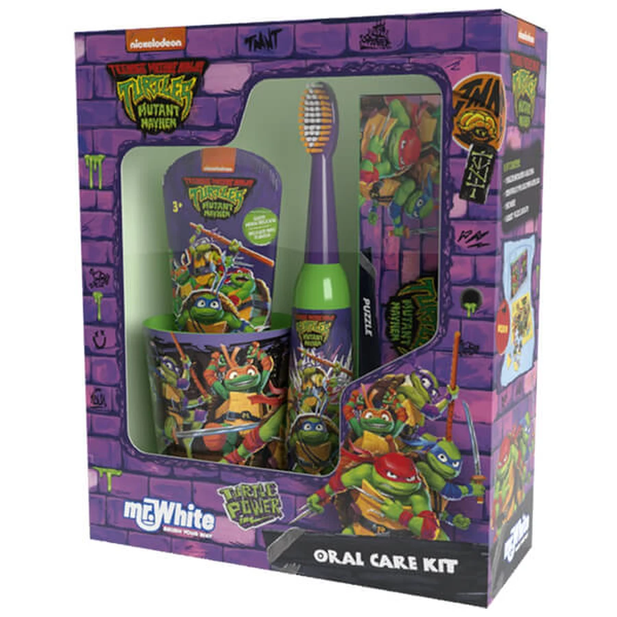 Mr White Ninja Turtles, tandenpoetsset voor kinderen, tandenborstel + tandpasta + beker + puzzel