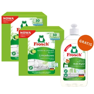 Set Frosch, tablete de spălat vase, All in One, lime, 2 x 50 buc + lichid de spălat vase, migdale, 500 ml gratuit