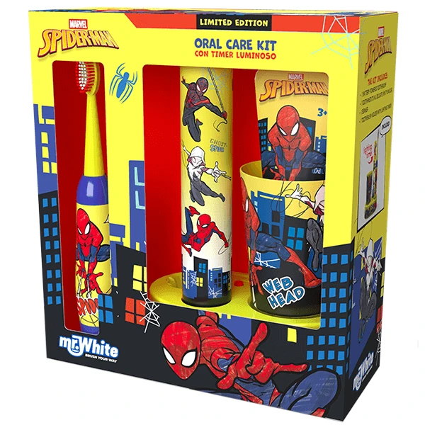 Mr White Spiderman, Zahnputzset für Kinder, Zahnbürste + Zahnpasta + Becher + LED-Sockel