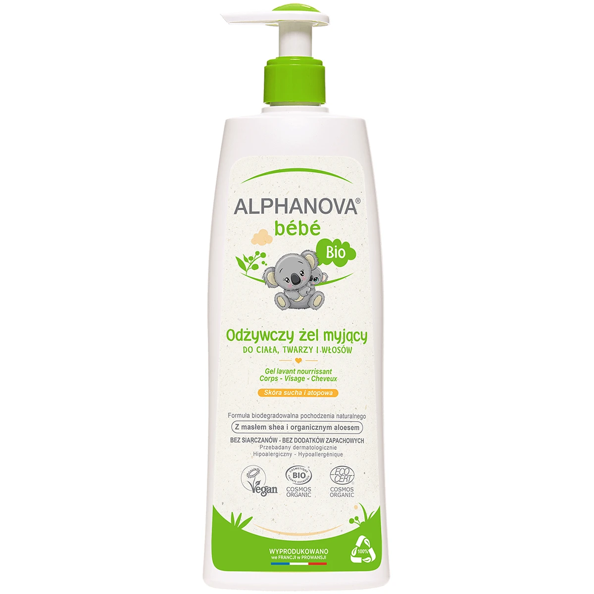 Alphanova Bebe, pflegendes Reinigungsgel für Körper, Gesicht und Haare Bio, trockene und atopische Haut, 500 ml