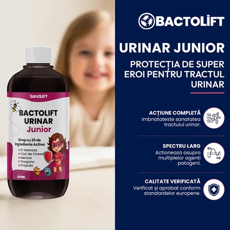 BactoLift Urinary Junior - Jarabe para Infecciones Urinarias en Niños, Fórmula Compleja con 25 Ingredientes Naturales: D-Mnosa, Arándano Rojo y Propóleo