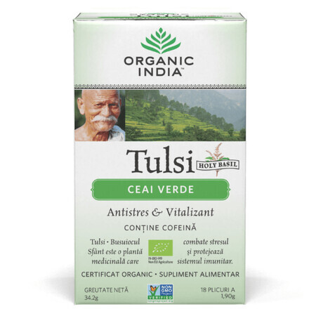 Tulsi cu Ceai Verde  Antistres Adaptogen, 18 plicuri, Organic India