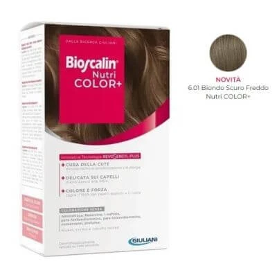 Bioscalin nutri color+ 6.01 cold dark blond coloring cream 40 ml + detector cream 60 ml + shampoo 12 ml + conditioner 12 ml + Einmalhandschuhe