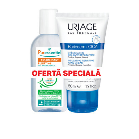 Pachet Crema de maini Bariederm Cica, 50 ml, Uriage + Lotiune spray antebacteriana pentru maini cu 3 uleiuri esentiale, 80 ml, Puressentiel