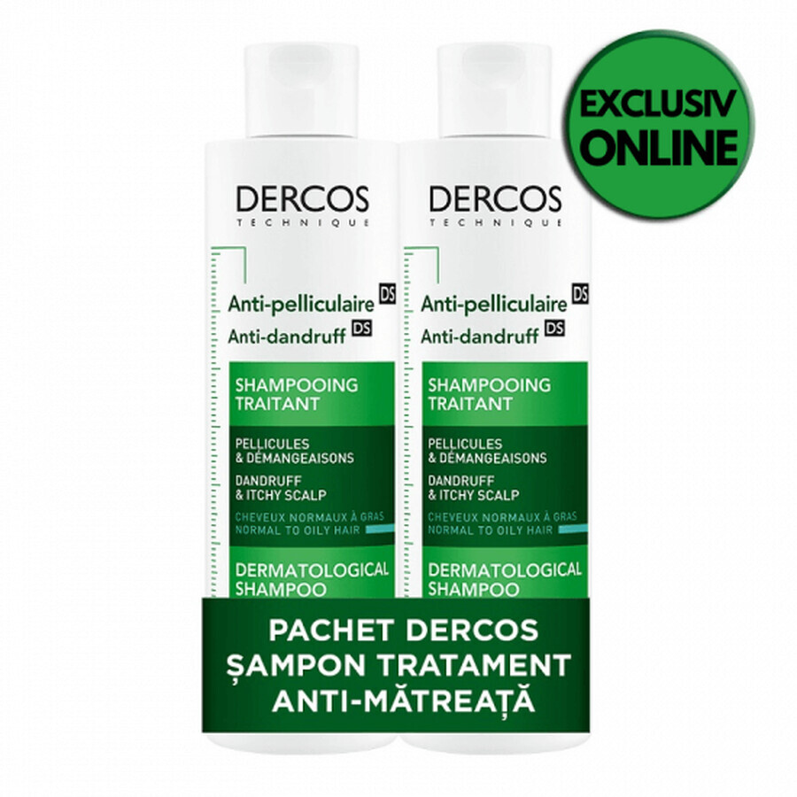 Pachet Sampon anti-matreata pentru par normal-gras Dercos, 200 ml + 200 ml, Vichy