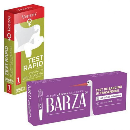 Pachet Test rapid de vaginita bacteriana Gardnerella Veneris, 1 test + Test de sarcina stilou ultrasensibil Barza, 1 bucata, Veneris